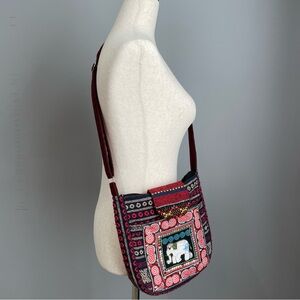 Bohemian Embroidered Crossbody Bag Purse Burgundy Strap Sequined Elephant Pocket